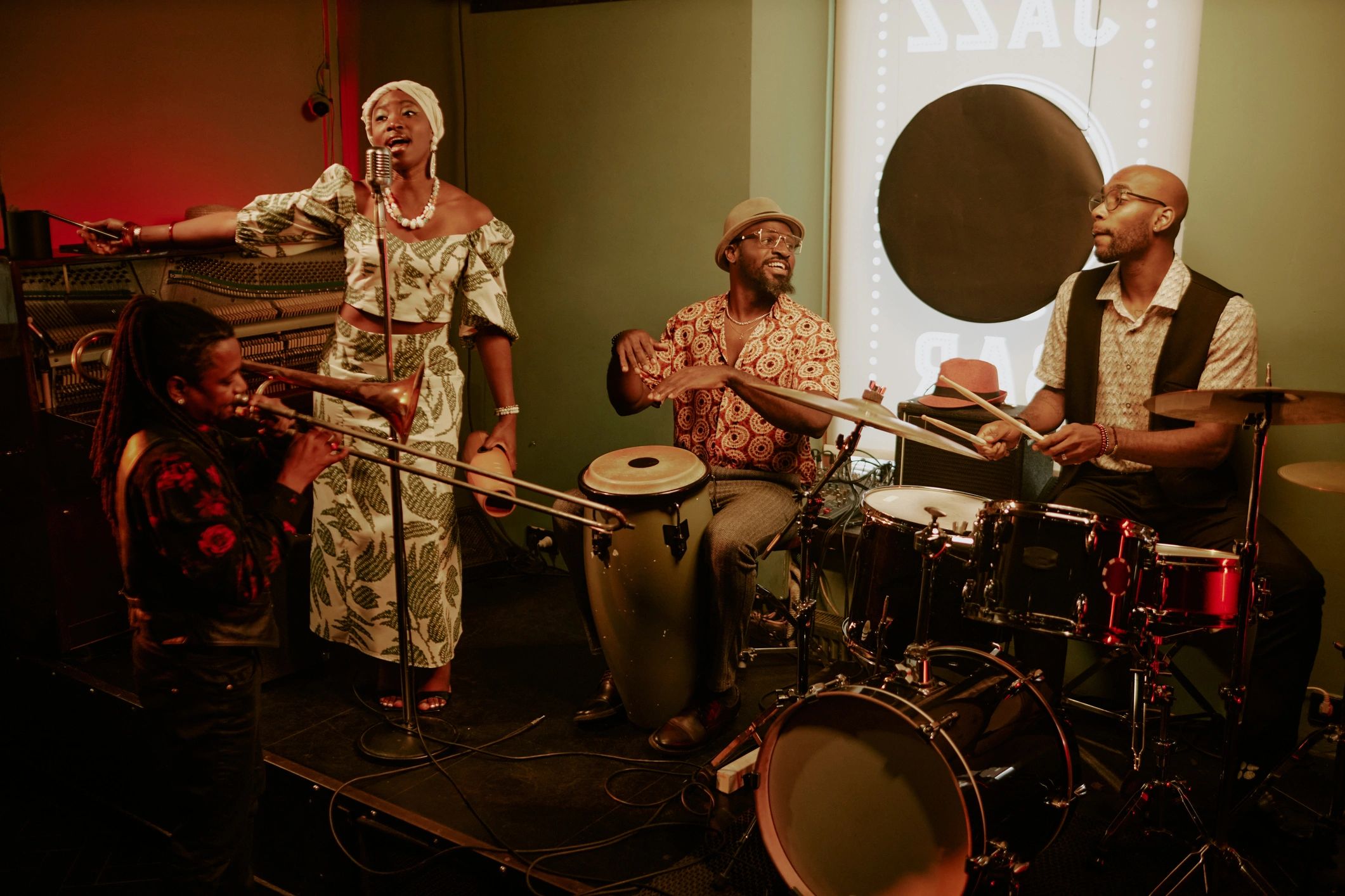 Modern jazz band performing on stage in a bar