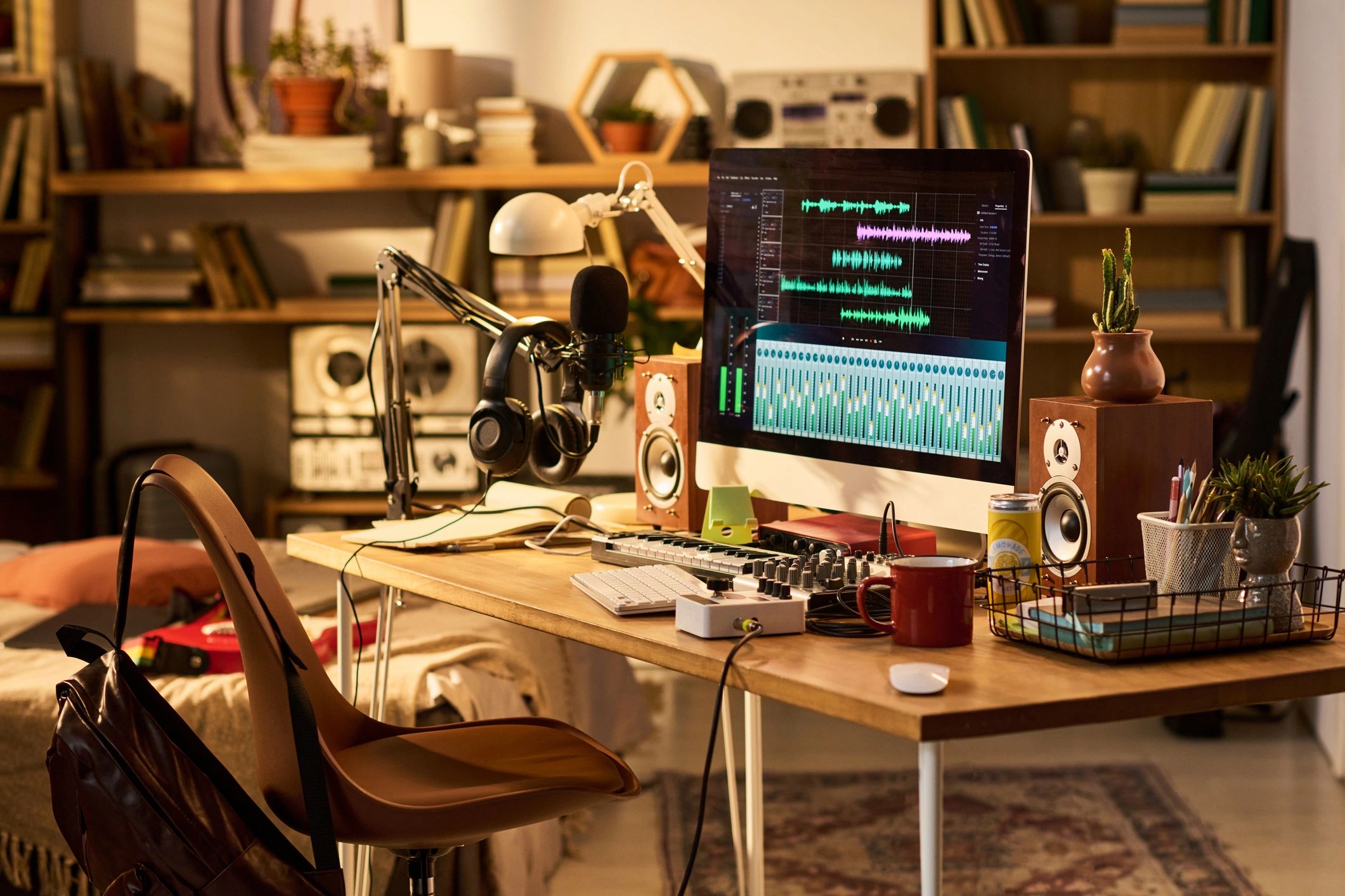 Audio production workspace with computer, microphone, and speakers